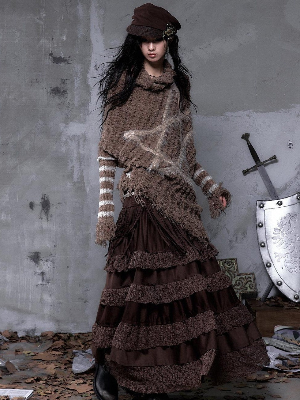NO ROMANCE High Waist Court Tassel A Line Casual Brown No Stretch Maxi Skirts