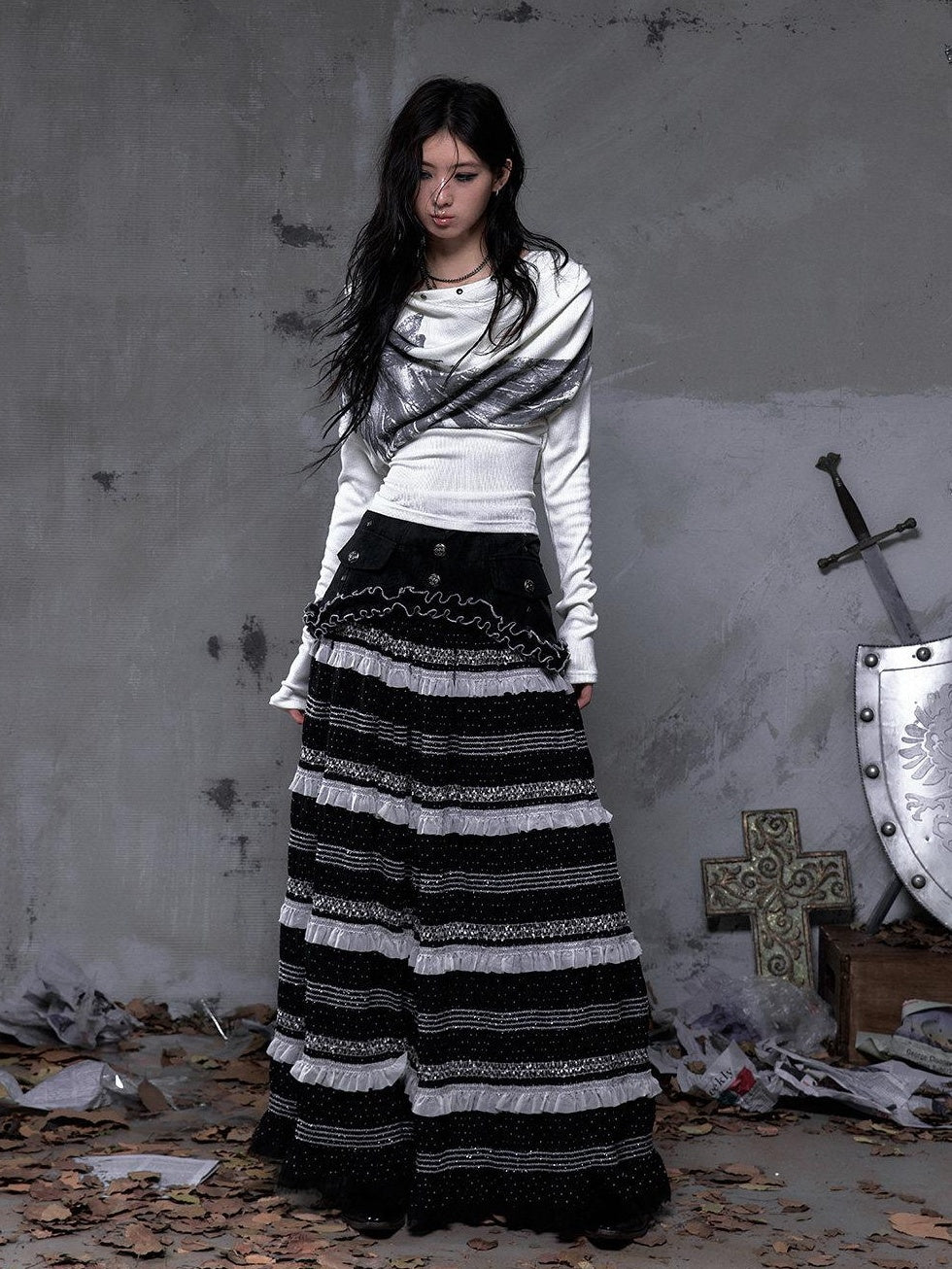 NO ROMANCE High Waist Victorian Lace Patchwork Pu Panel A Line Women Black Maxi Skirts