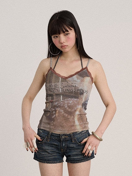 Achihara_Letter_Print_Strappy_V-neck_Slim_Fit_Women'S_Polyester_Lace_Camisoles_MISSTT