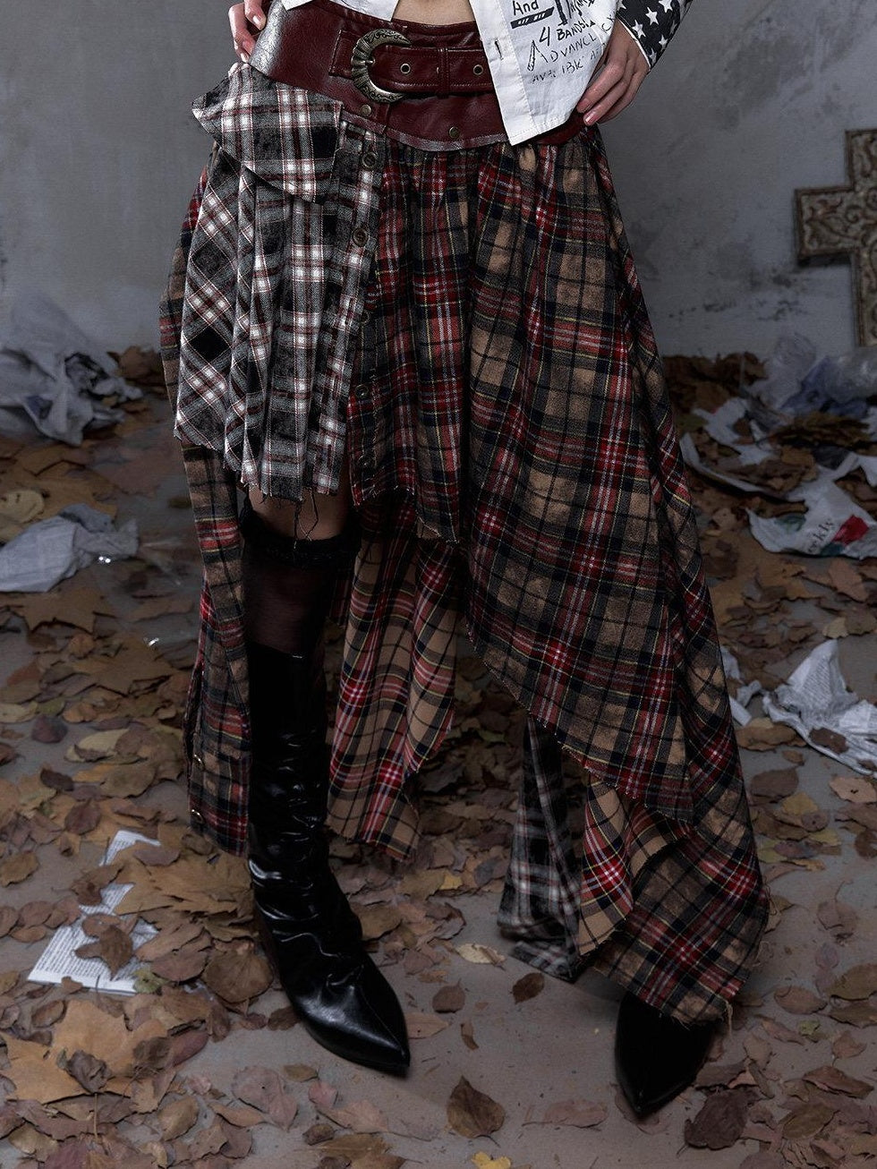 NO ROMANCE Edgy Patchwork Asymmetric Slim Mid Waist Women Citywalk Midi Skirts