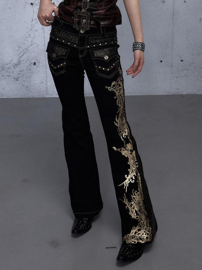 NO ROMANCE Rhinestone Low Rise Slim Fit Modern Patchwork Floral Mid Stretch Flare Jeans