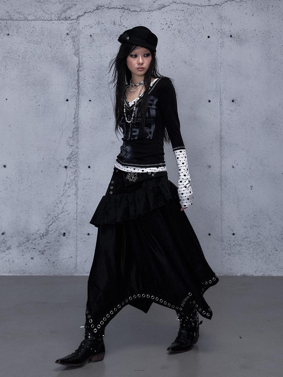 NO ROMANCE Edgy Asymmetrical High Waist A Line Loose Gothic Pu Suede Patchwork Maxi Skirts