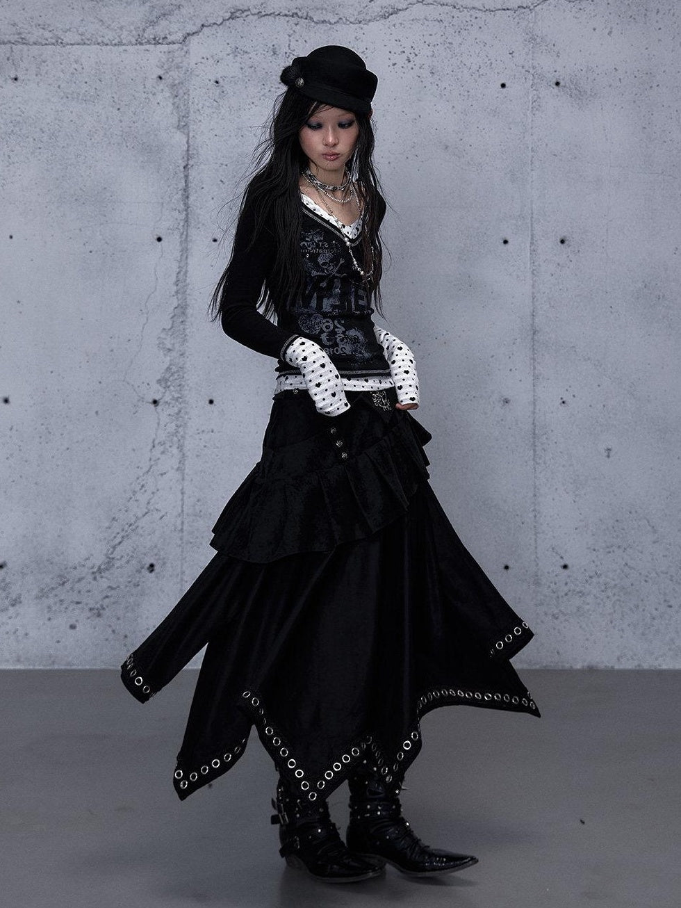 NO ROMANCE Edgy Asymmetrical High Waist A Line Loose Gothic Pu Suede Patchwork Maxi Skirts