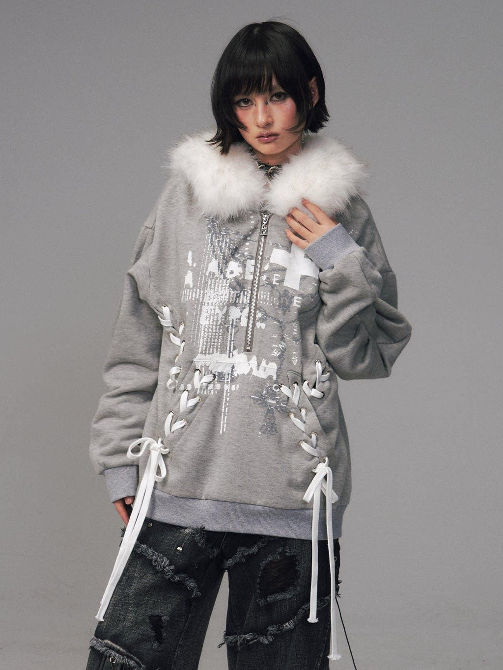 Frustration Garden Original Design Loose Fit Printed Fur Collar Zip Hooded Warm Gray Women Hoodies