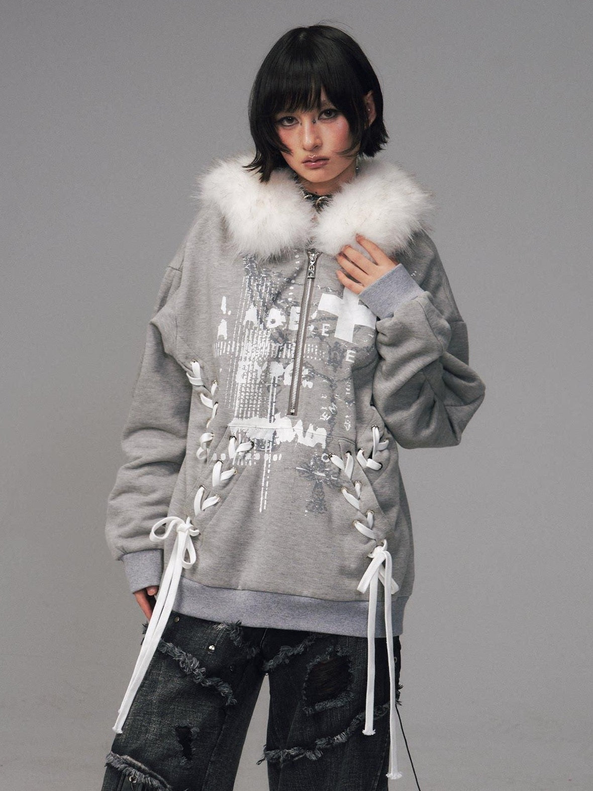 Frustration Garden Original Design Loose Fit Printed Fur Collar Zip Hooded Warm Gray Women Hoodies