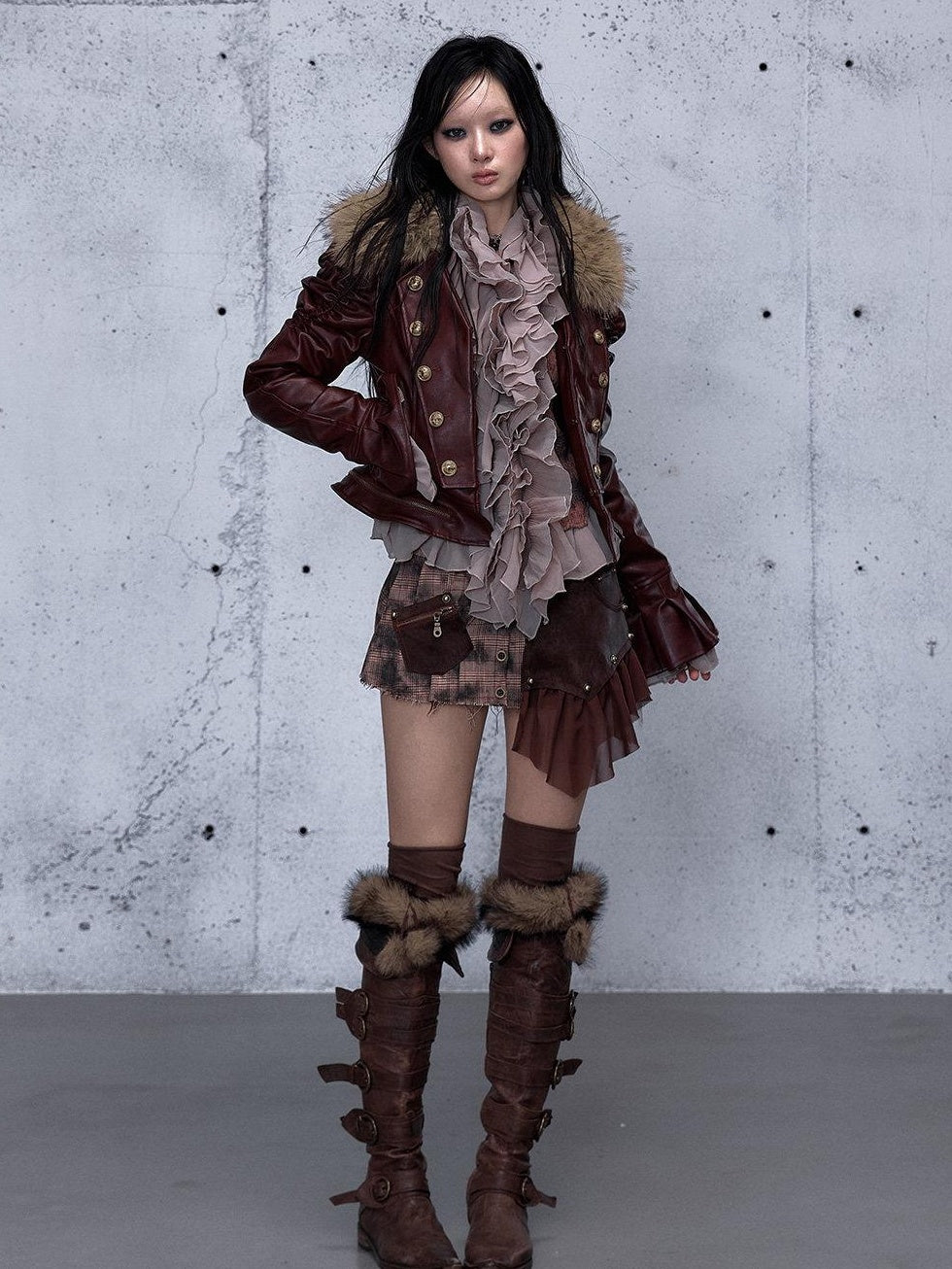 NO ROMANCE Removable Punk Style Regular Fit Women Burgundy Button Front Casual Jackets