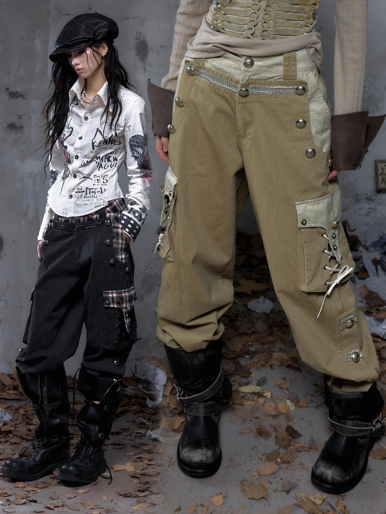 NO ROMANCE Pure Cotton Punk Patchwork Loose Fit Natural Waist Button Fly Women Pants Chinos