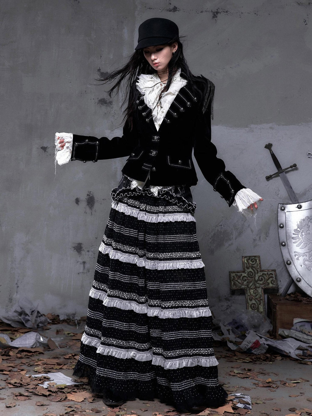 NO ROMANCE Light Fleece Lined Fitted Waist Button Long Sleeve Black Cropped Jackets