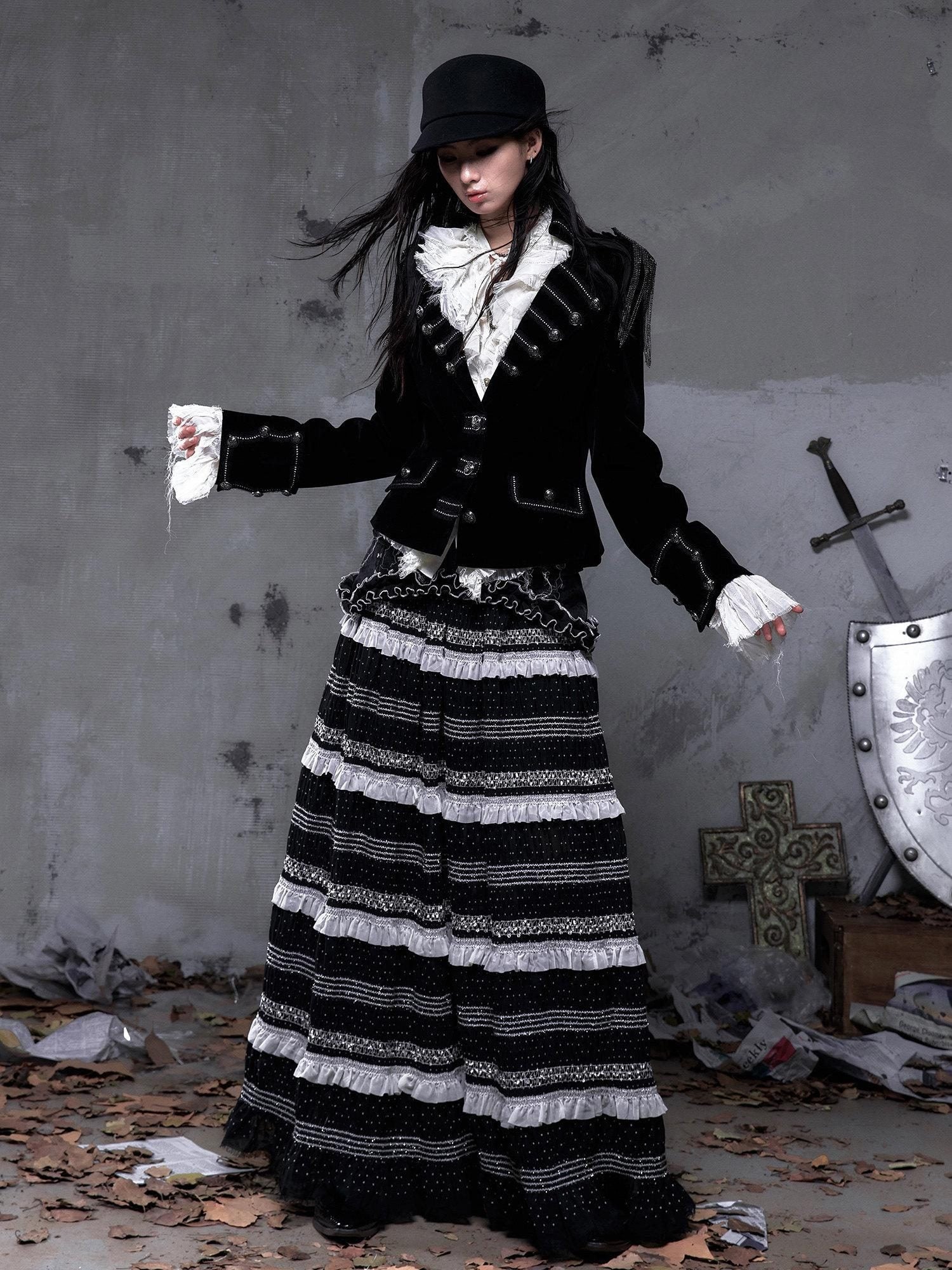 NO ROMANCE Light Fleece Lined Fitted Waist Button Long Sleeve Black Cropped Jackets