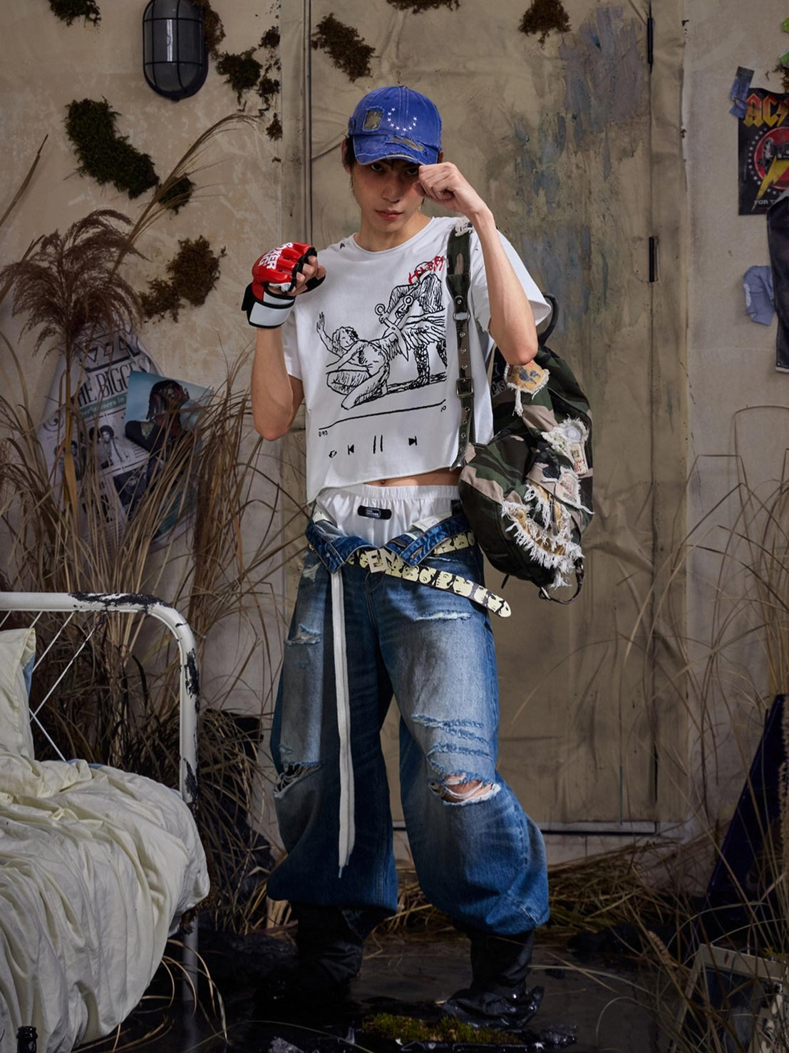 EMOBROTHER Distressed Washed Mid High Waist 100% Cotton Casual Blue Wide-Leg Jeans