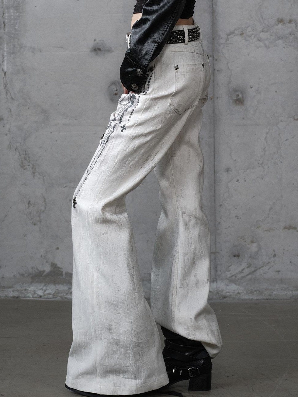 NO ROMANCE Dyed Punk Washed White Loose Fit Natural Waist Cotton Women Wide-Leg Jeans