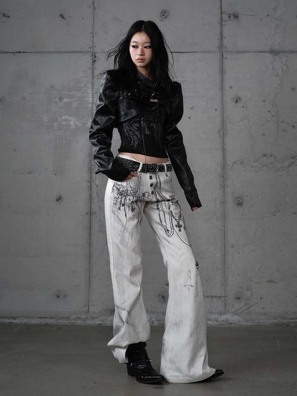 NO ROMANCE Dyed Punk Washed White Loose Fit Natural Waist Cotton Women Wide-Leg Jeans