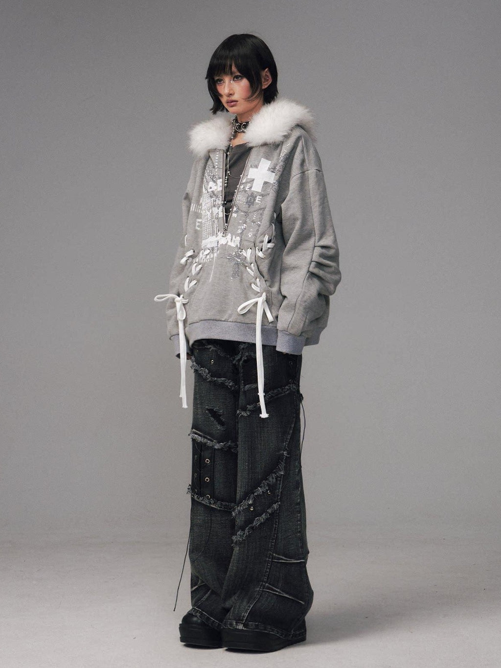 Frustration Garden Original Design Loose Fit Printed Fur Collar Zip Hooded Warm Gray Women Hoodies
