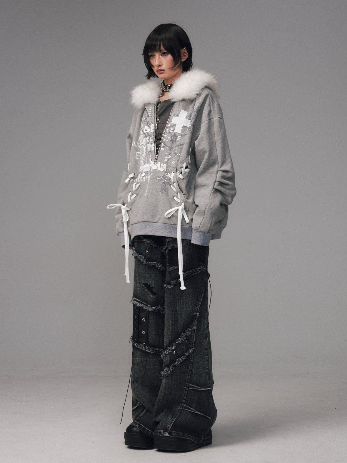 Frustration Garden Original Design Loose Fit Printed Fur Collar Zip Hooded Warm Gray Women Hoodies