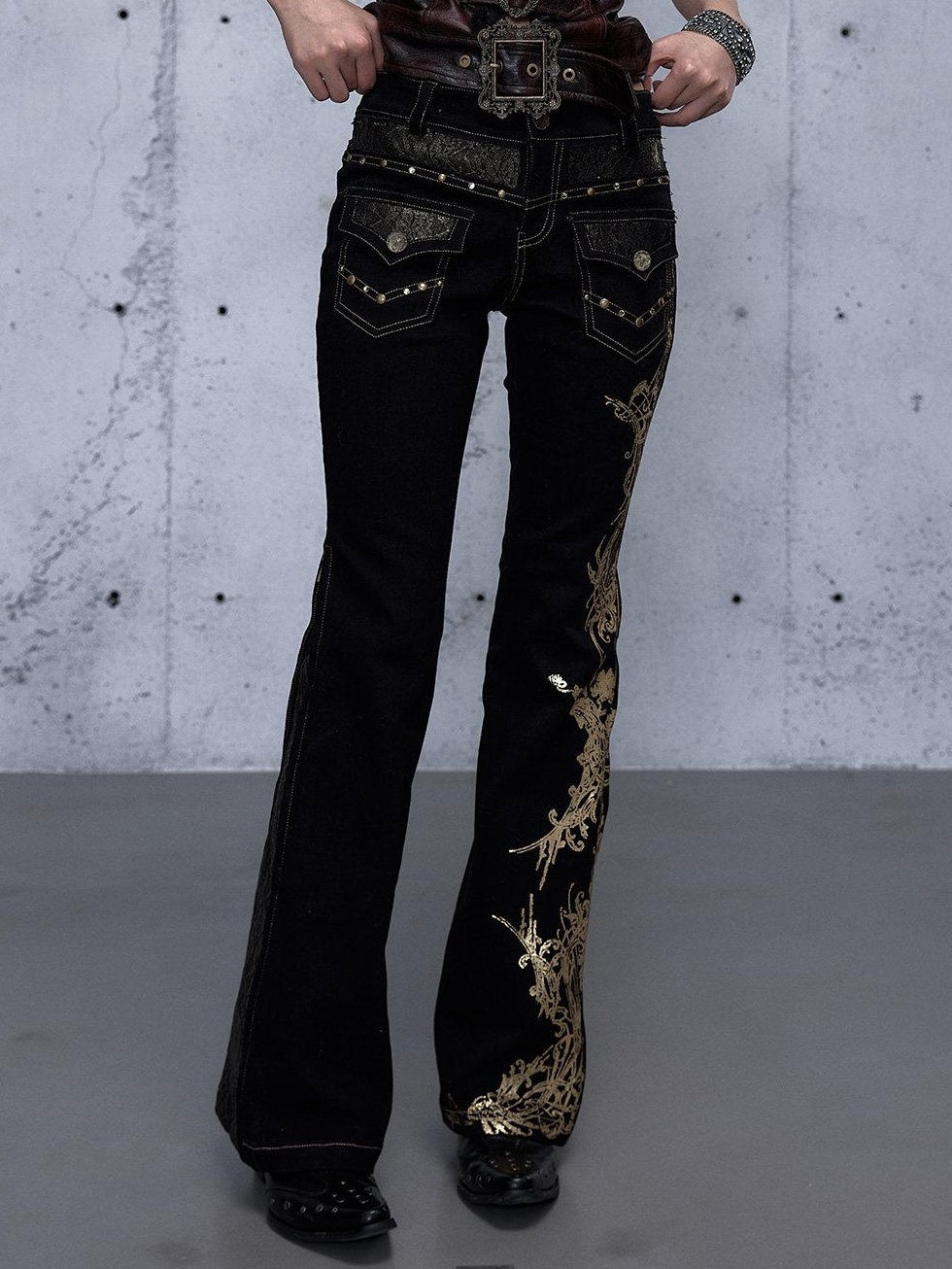 NO ROMANCE Rhinestone Low Rise Slim Fit Modern Patchwork Floral Mid Stretch Flare Jeans