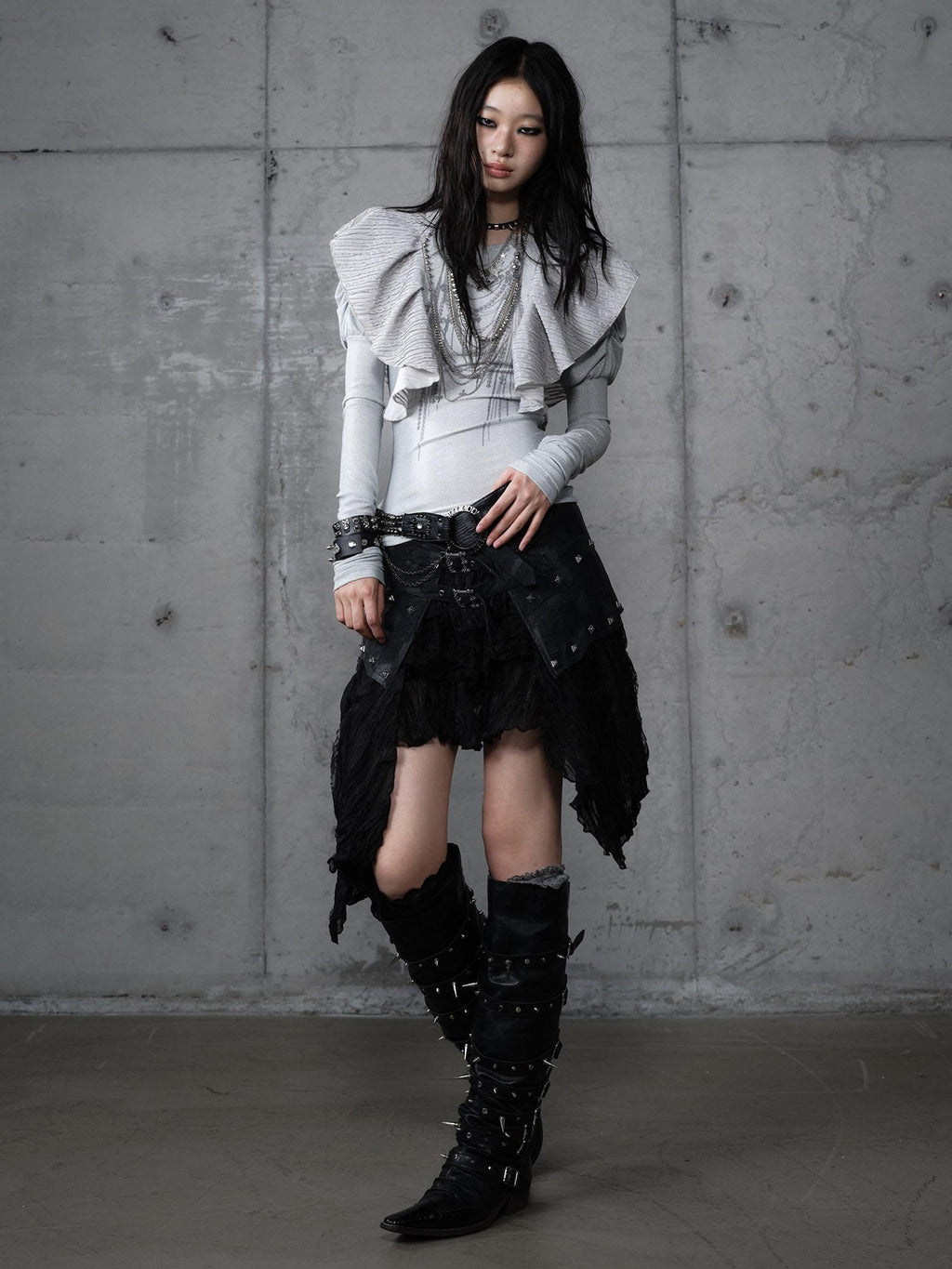 NO ROMANCE Layered Asymmetrical Lace Punk Mid Waist Women Everyday Stylish Midi Skirts