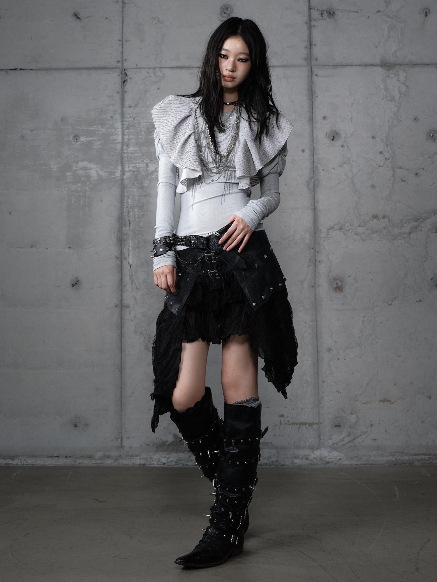 NO ROMANCE Layered Asymmetrical Lace Punk Mid Waist Women Everyday Stylish Midi Skirts