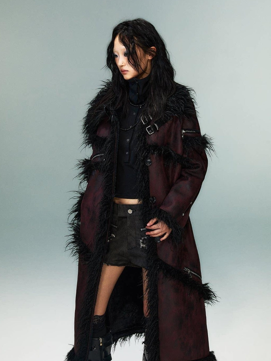 Frustration Garden Thick Oversized Asymmetric Raglan Sleeves Punk Street Women Black Red Long Coats