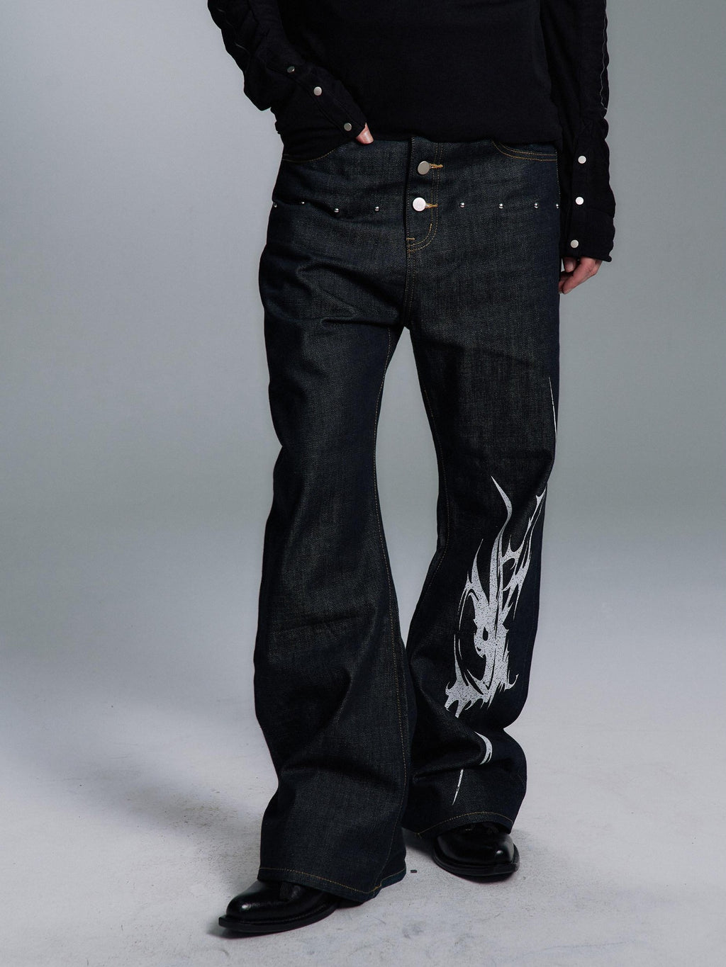 PAIKI Studded Mid Rise Loose Flare Black Denim Casual Men Youth Straight Jeans