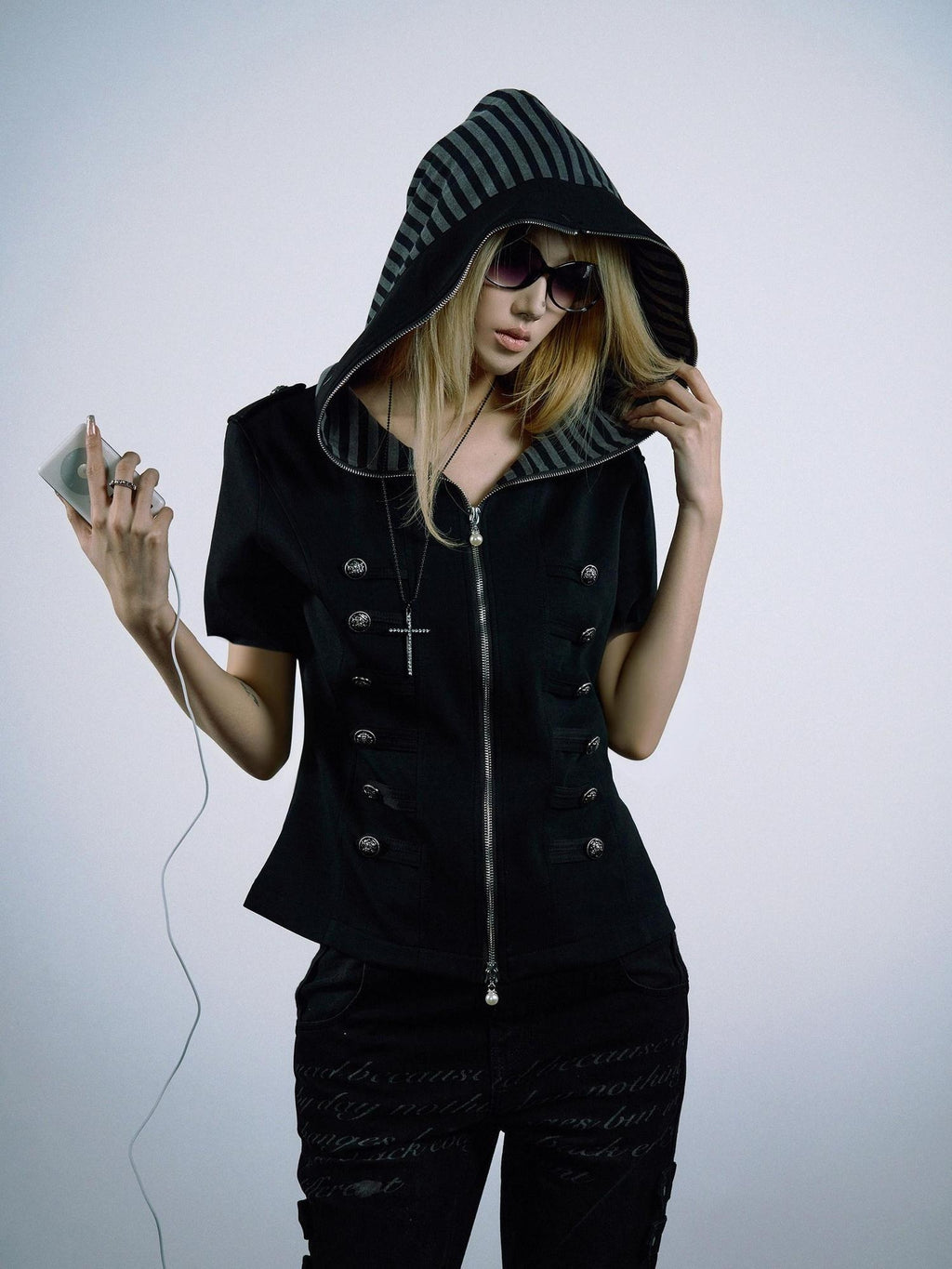 PAIKI 3D Sorona Slim Fit Punk Zip Hood Stripe Unisex Black Short Sleeve T-Shirts