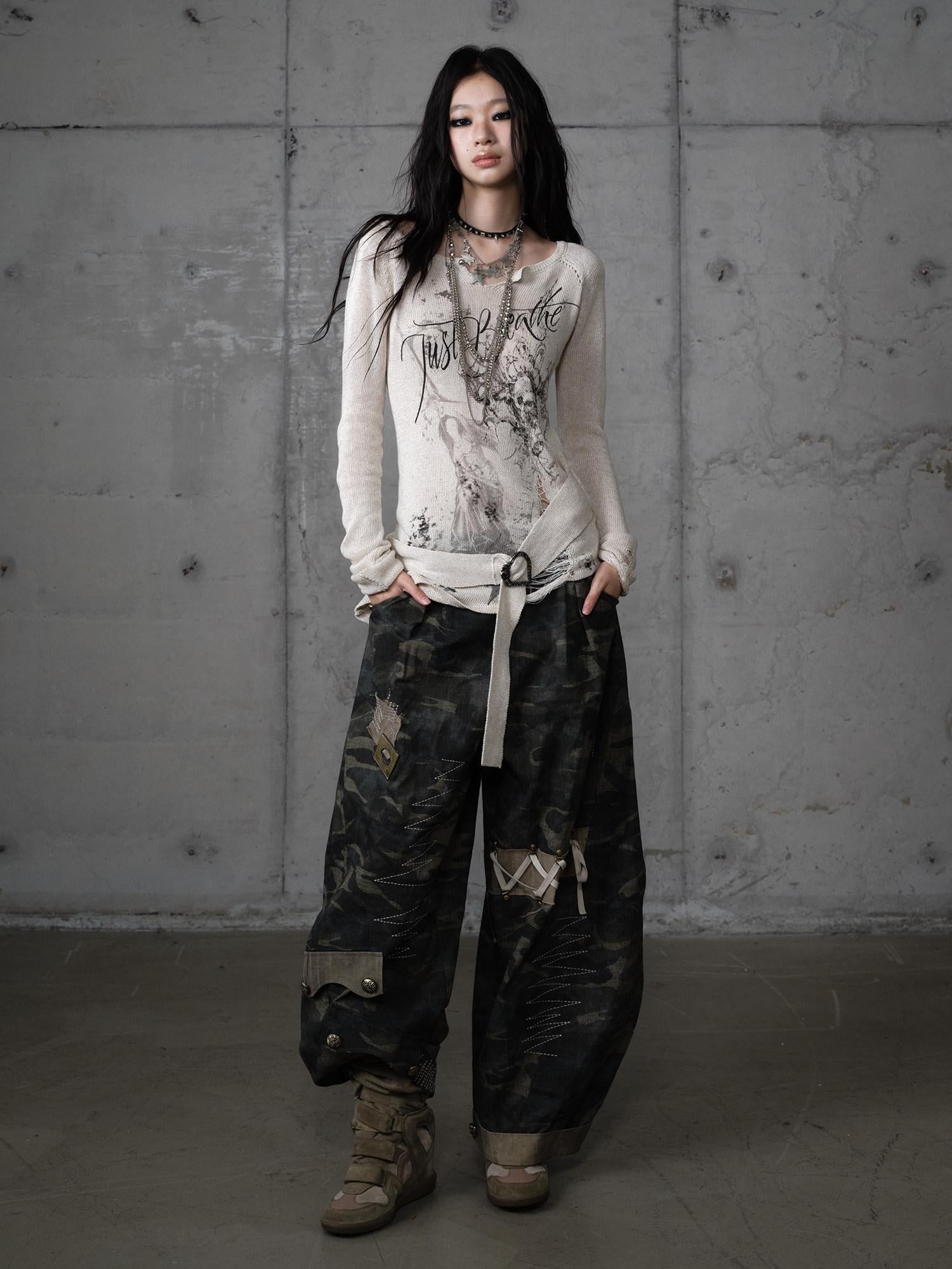 NO ROMANCE Soft Slim Punk V-neck Reversible Distressed Polyester Women Long Sleeve T-Shirts