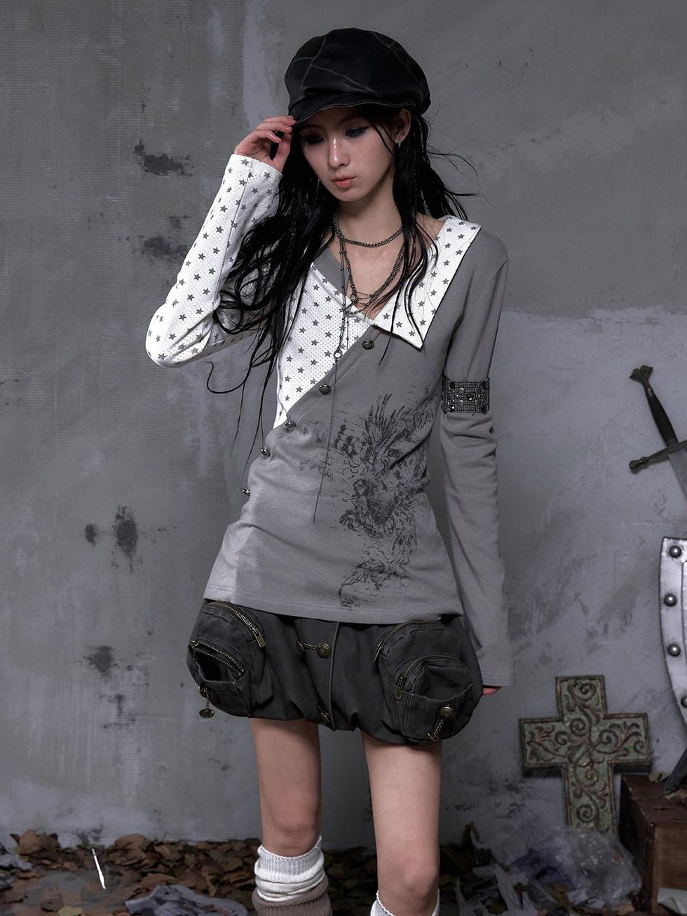 NO ROMANCE Cozy Knit Star Printed Relaxed Polo Collar Women Black Ecru Long Sleeve T-Shirts