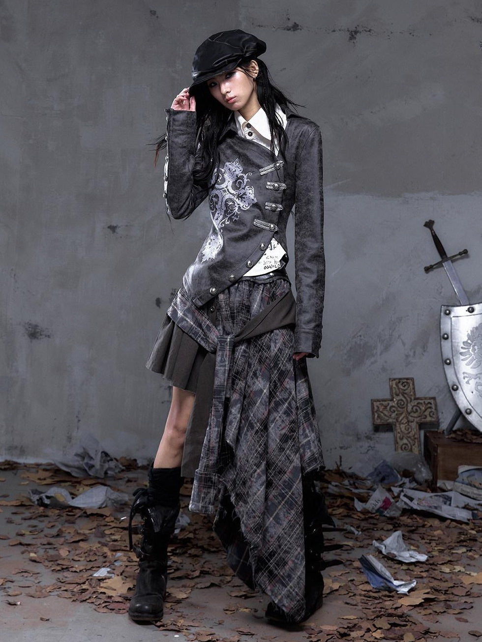 NO ROMANCE Edgy Patchwork Asymmetric Slim Mid Waist Women Citywalk Midi Skirts
