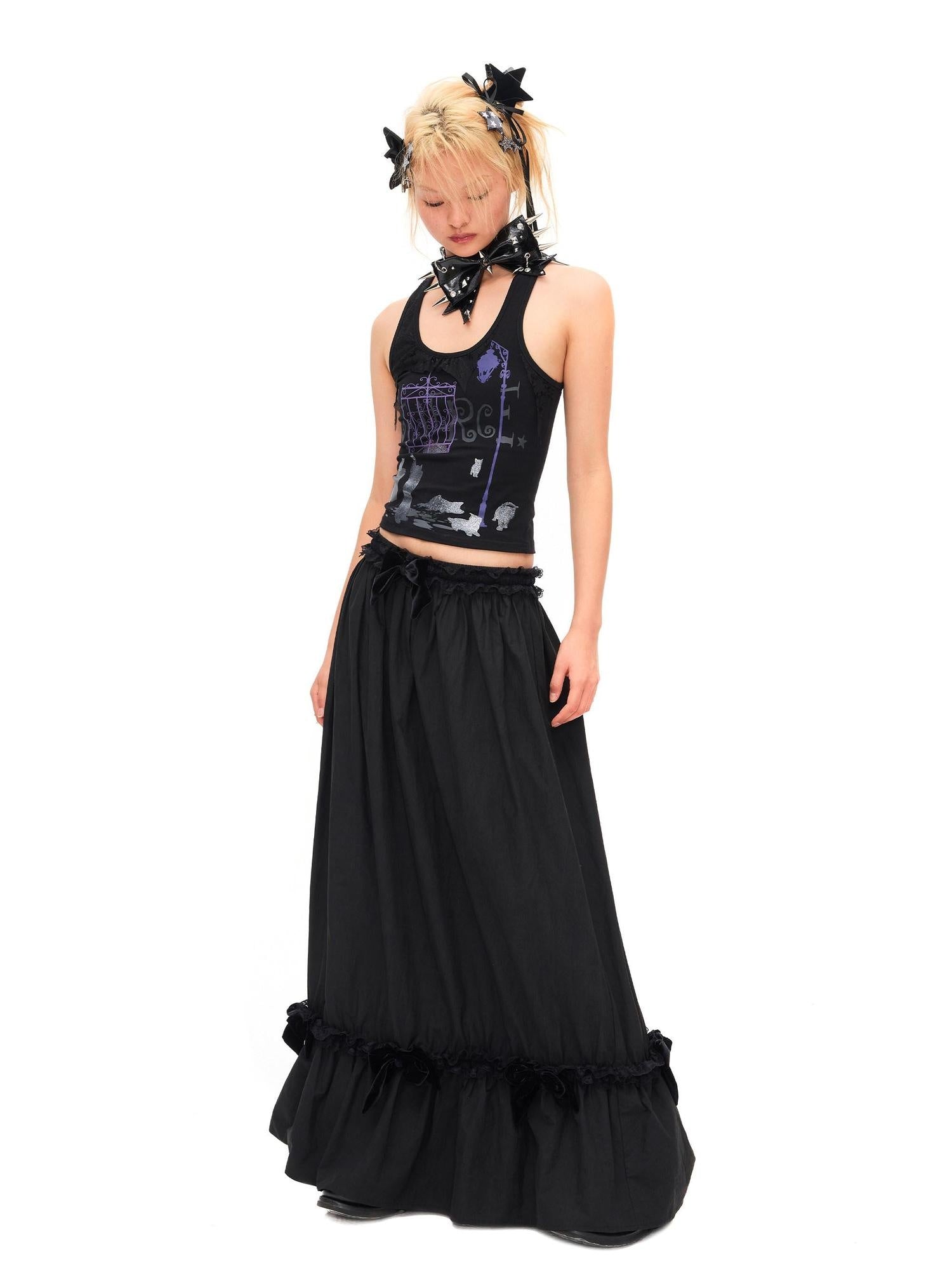 CFIERCE Lace Trim Silk Bamboo Blend Pleated Mid Waist Straight Black Skirt