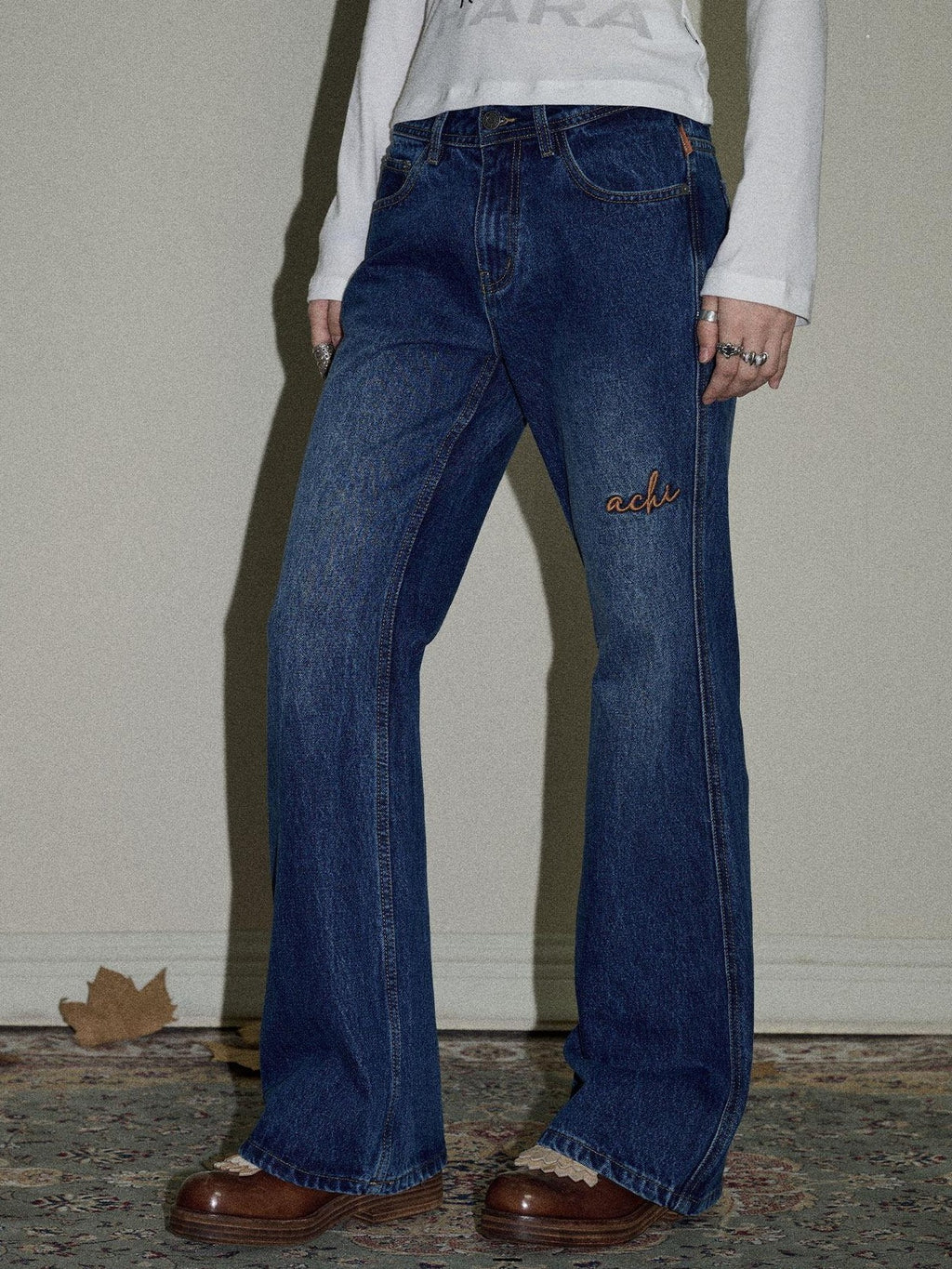 Achihara Slight Embroidered Distressed Wash Slim Women'S Denim Flare Jeans