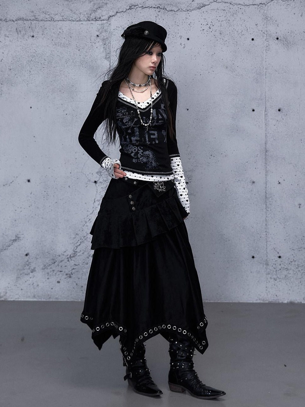 NO ROMANCE Edgy Asymmetrical High Waist A Line Loose Gothic Pu Suede Patchwork Maxi Skirts