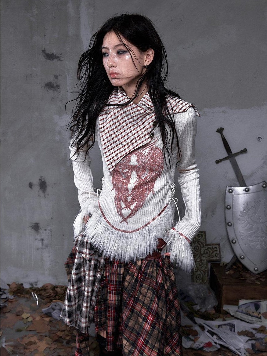 NO ROMANCE Vintage Slim Fit Printed Polo Collar Women Casual Red White Long Sleeve T-Shirts
