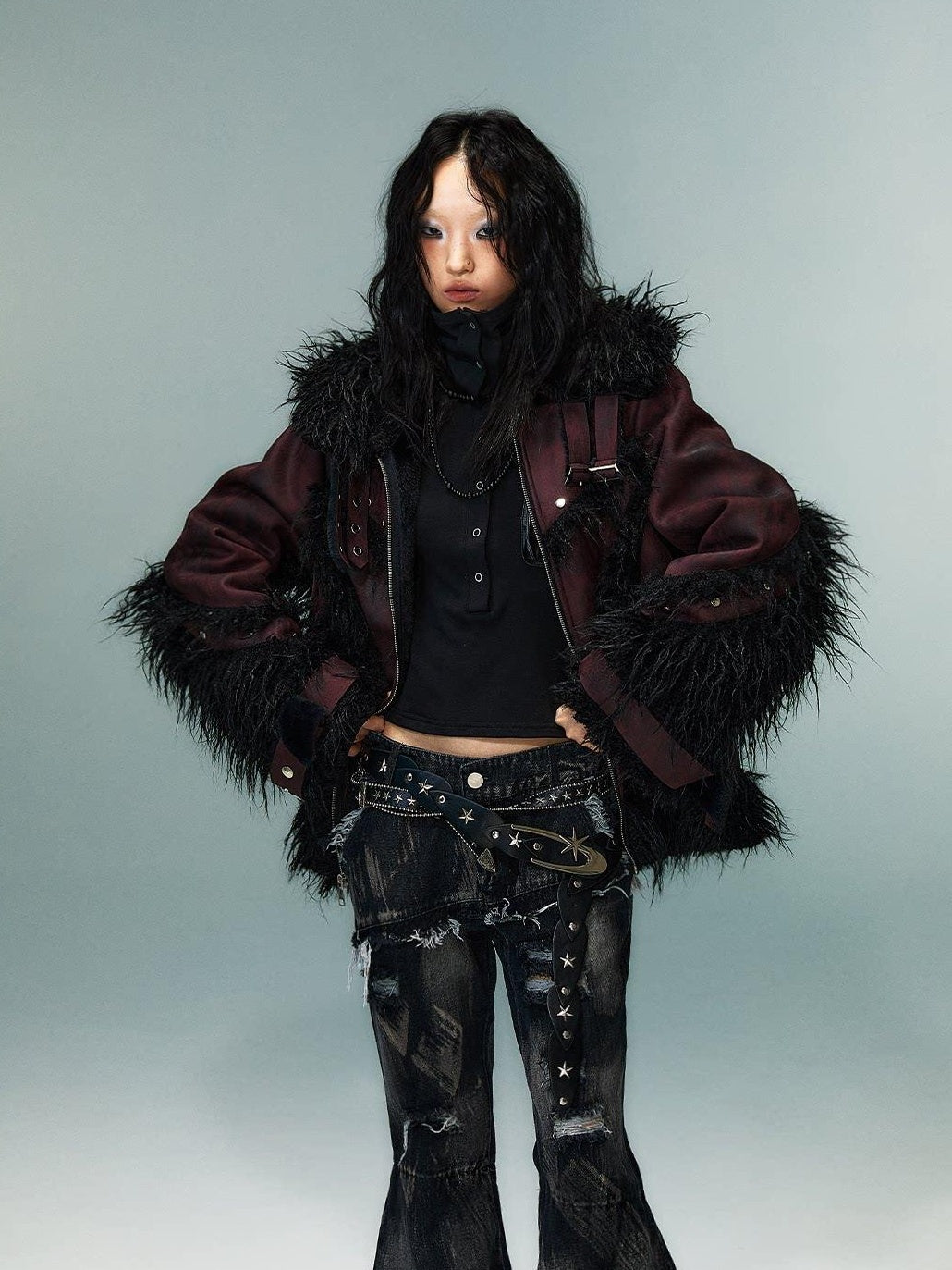 Frustration Garden Warm Oversized Original Zip Patchwork Faux Fur Studs Women Casual Jackets
