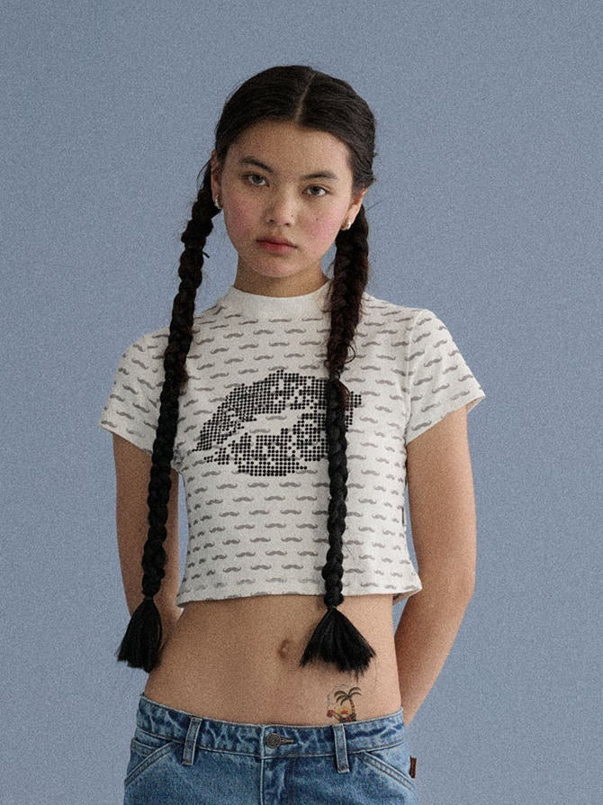 Achihara_Mustache_And_Lip_Print_Rhinestone_Slim_Fit_Women'S_Cotton_Crop_Tops_MISSTT