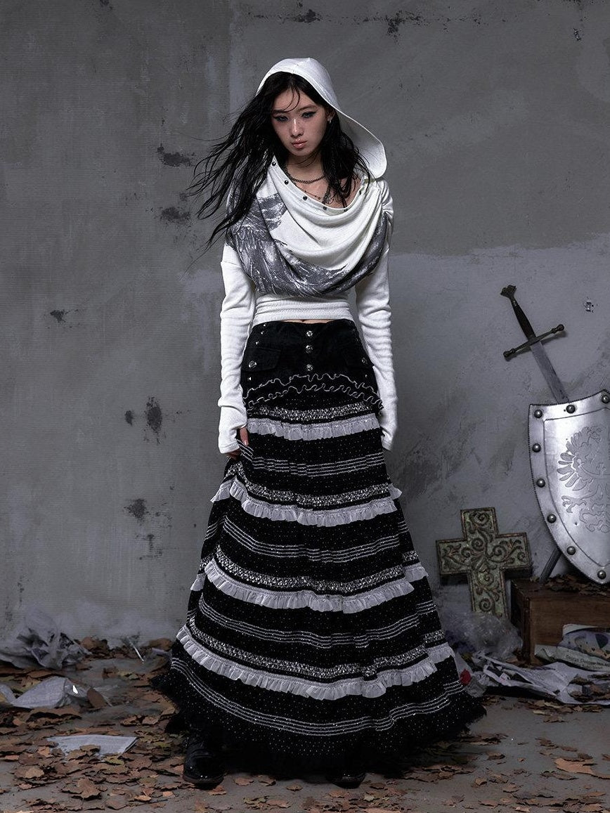 NO ROMANCE High Waist Victorian Lace Patchwork Pu Panel A Line Women Black Maxi Skirts