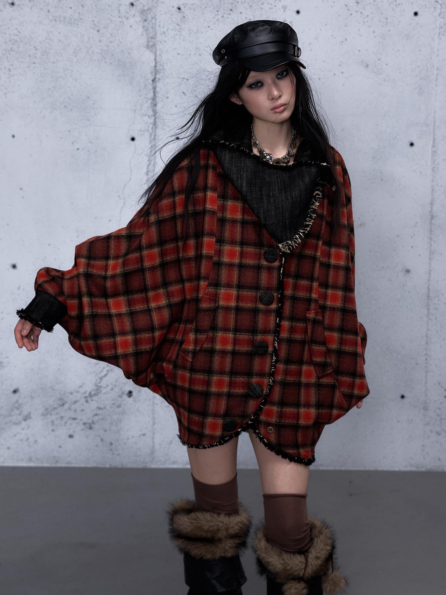 NO ROMANCE Thick Reversible Retro Batwing Sleeves Women Plaid Denim Red Casual Jackets