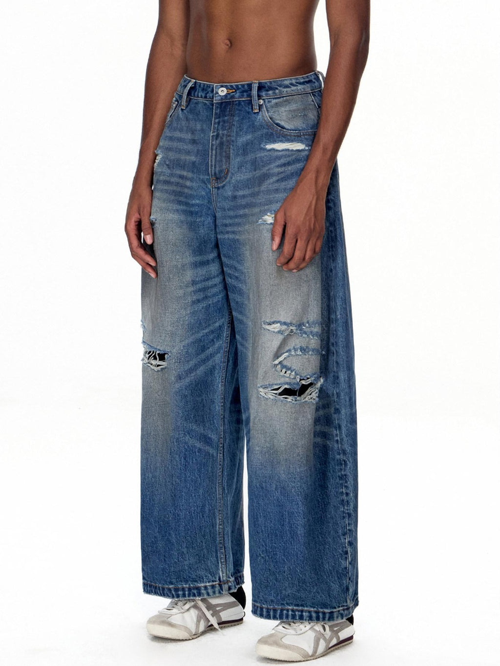 EMOBROTHER Distressed Washed Mid High Waist 100% Cotton Casual Blue Wide-Leg Jeans