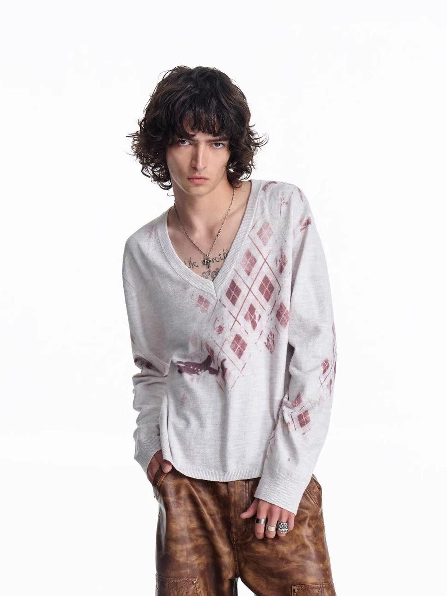 EMOBROTHER Soft Thin V-neck Geometric Print Minimalist Unisex Acrylic Long Sleeve T-Shirts