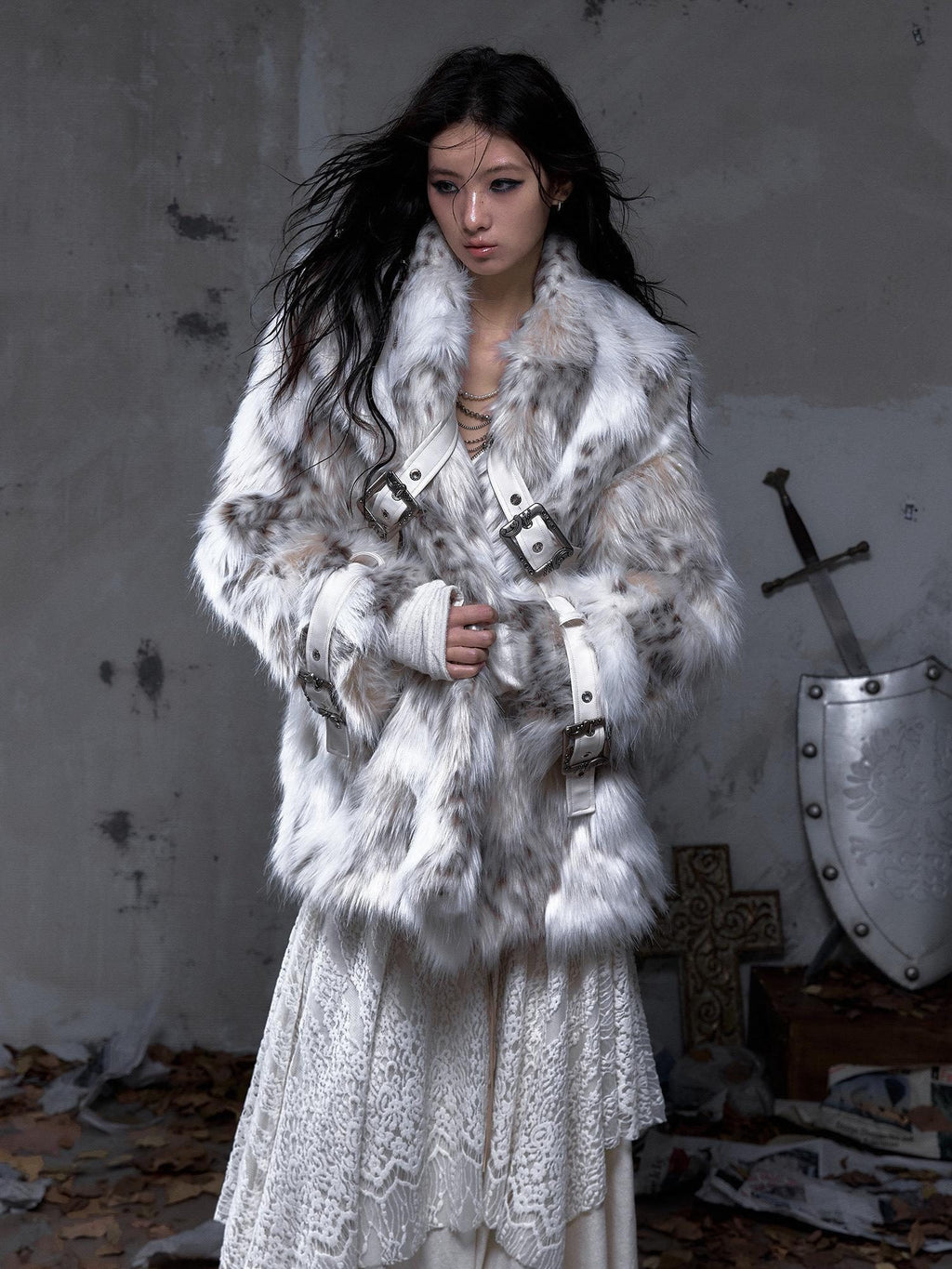 NO ROMANCE Insulated Retro Relaxed Midlength Lapel Fur Trim Women Ivory Puffer Jackets