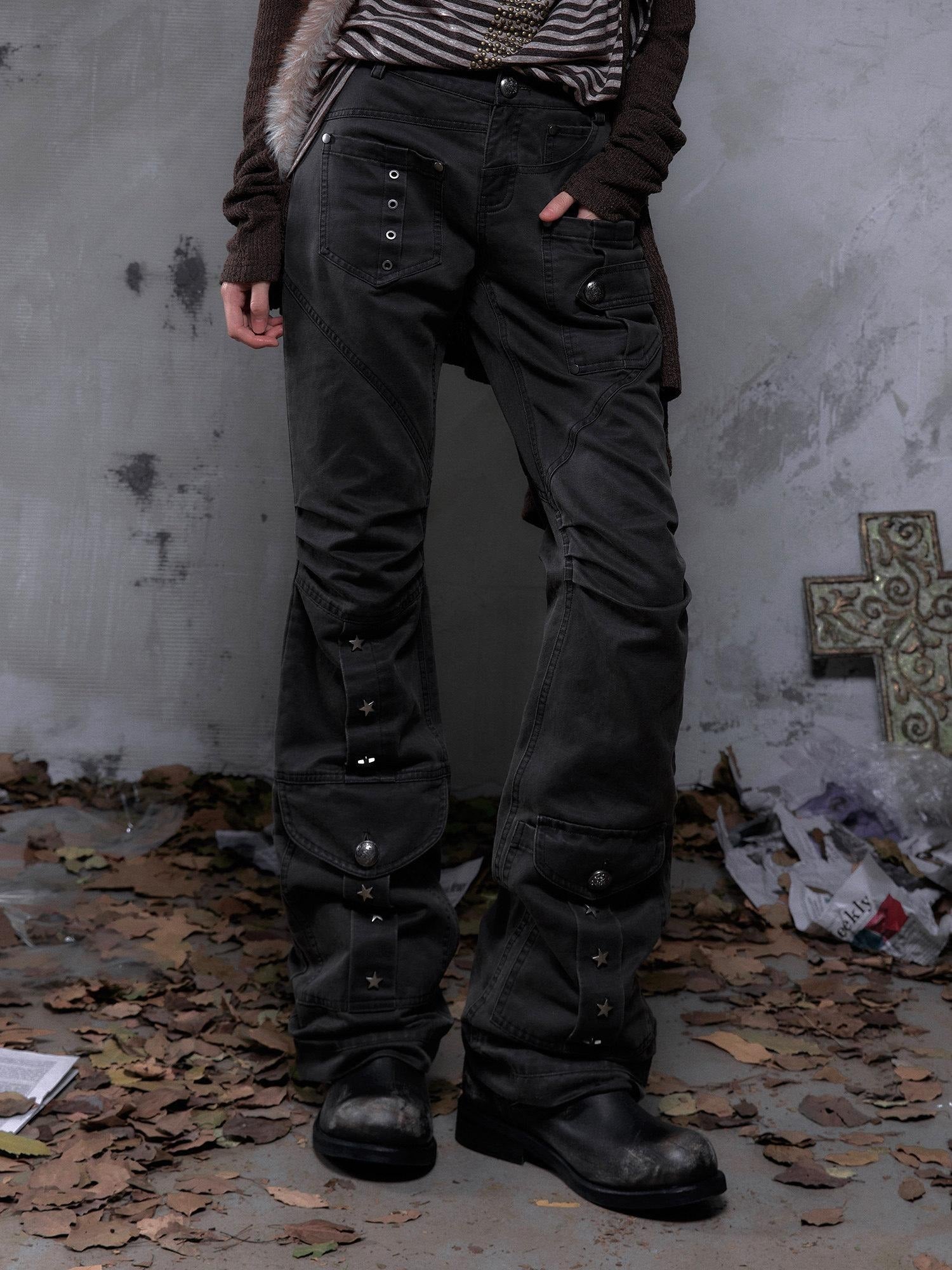 NO ROMANCE Pleated Button Mid Low Rise Subtle Flare Dark Grunge Women Chinos