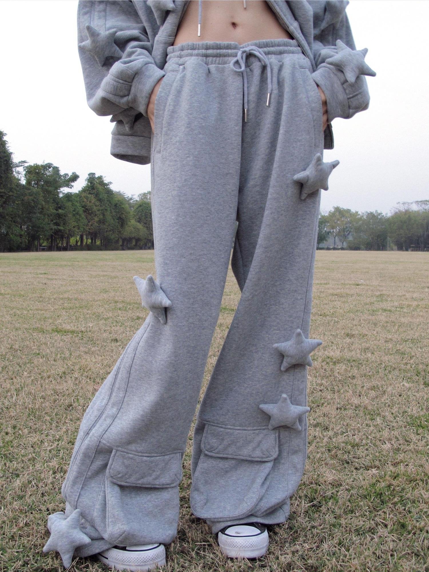 CFIERCE Asymmetrical Loose Straight Leg Street Natural Waist Gray Cotton Pants