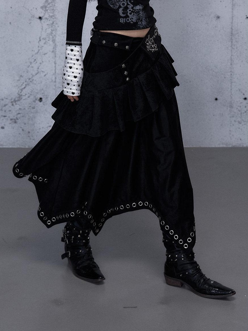 NO ROMANCE Edgy Asymmetrical High Waist A Line Loose Gothic Pu Suede Patchwork Maxi Skirts