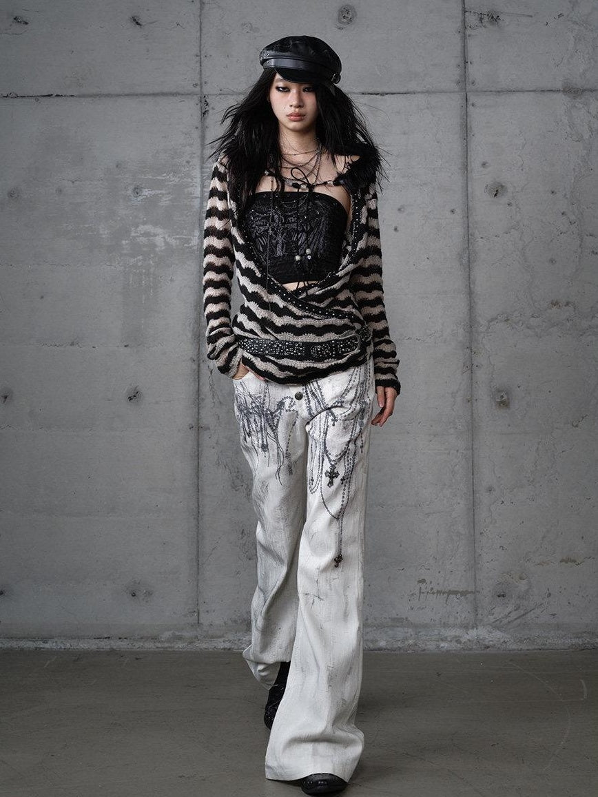 NO ROMANCE Dyed Punk Washed White Loose Fit Natural Waist Cotton Women Wide-Leg Jeans