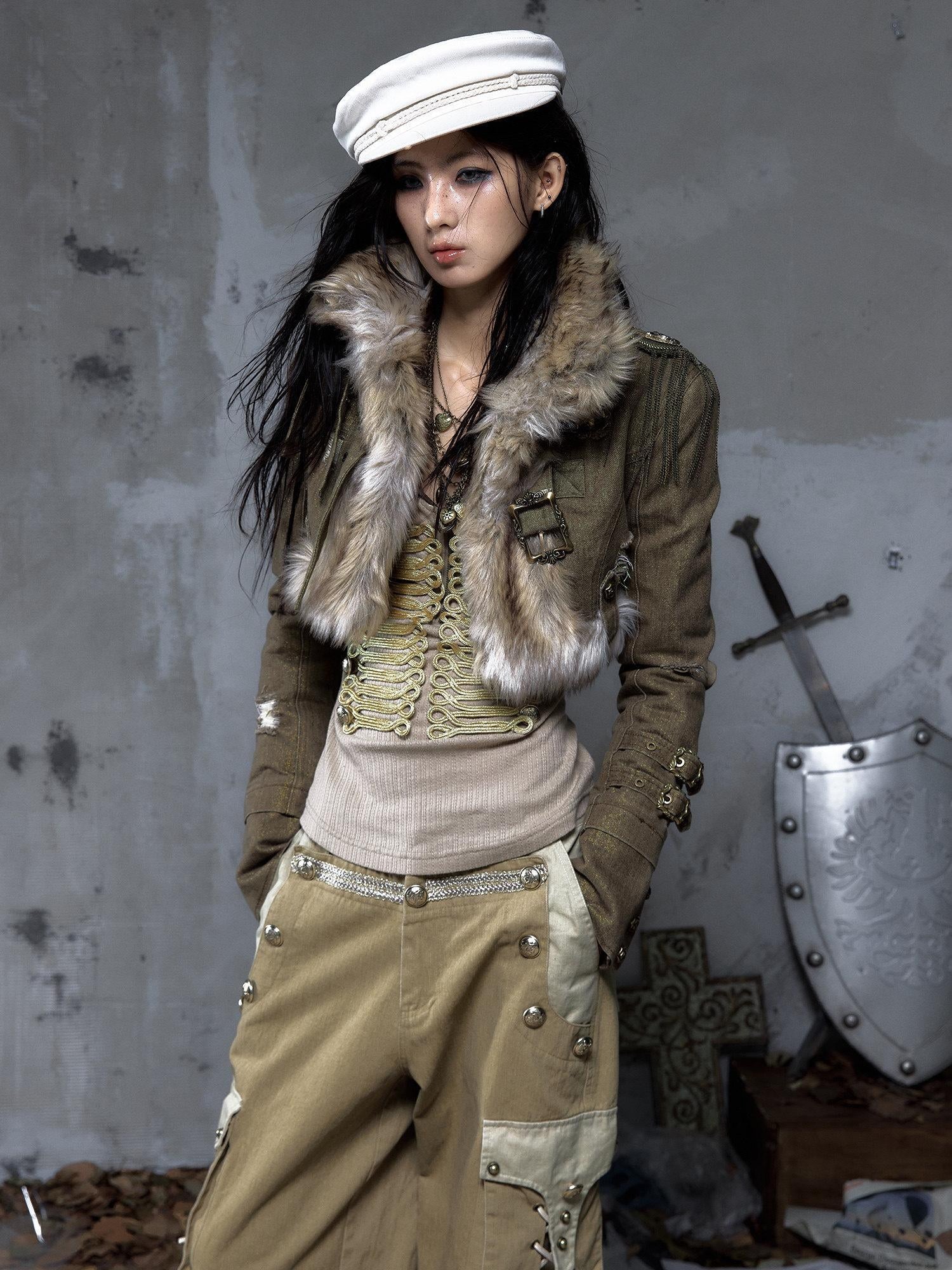 NO ROMANCE Distressed Vintage Slim Fit Cropped Long Sleeve Women Gold Khaki Casual Jackets