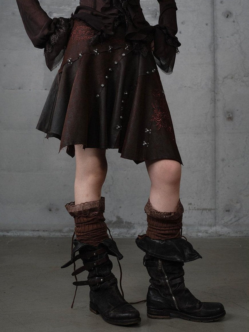 NO ROMANCE Embroidered Regal Asymmetric Mid Rise Loose Casual Girls Dark Brown Mini Skirts