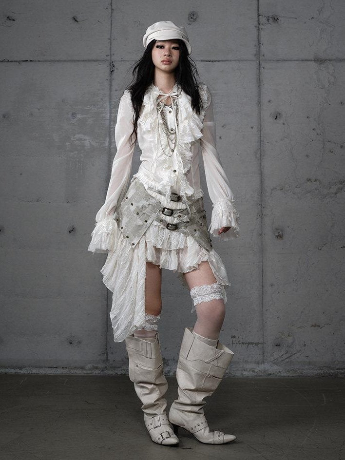 NO ROMANCE Layered Asymmetrical Lace Punk Mid Waist Women Everyday Stylish Midi Skirts