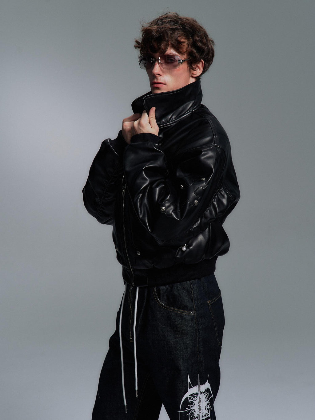 PAIKI Detachable Fur Collar Embroidered Devil Gothic Straight Fit Pu Puffer Jackets