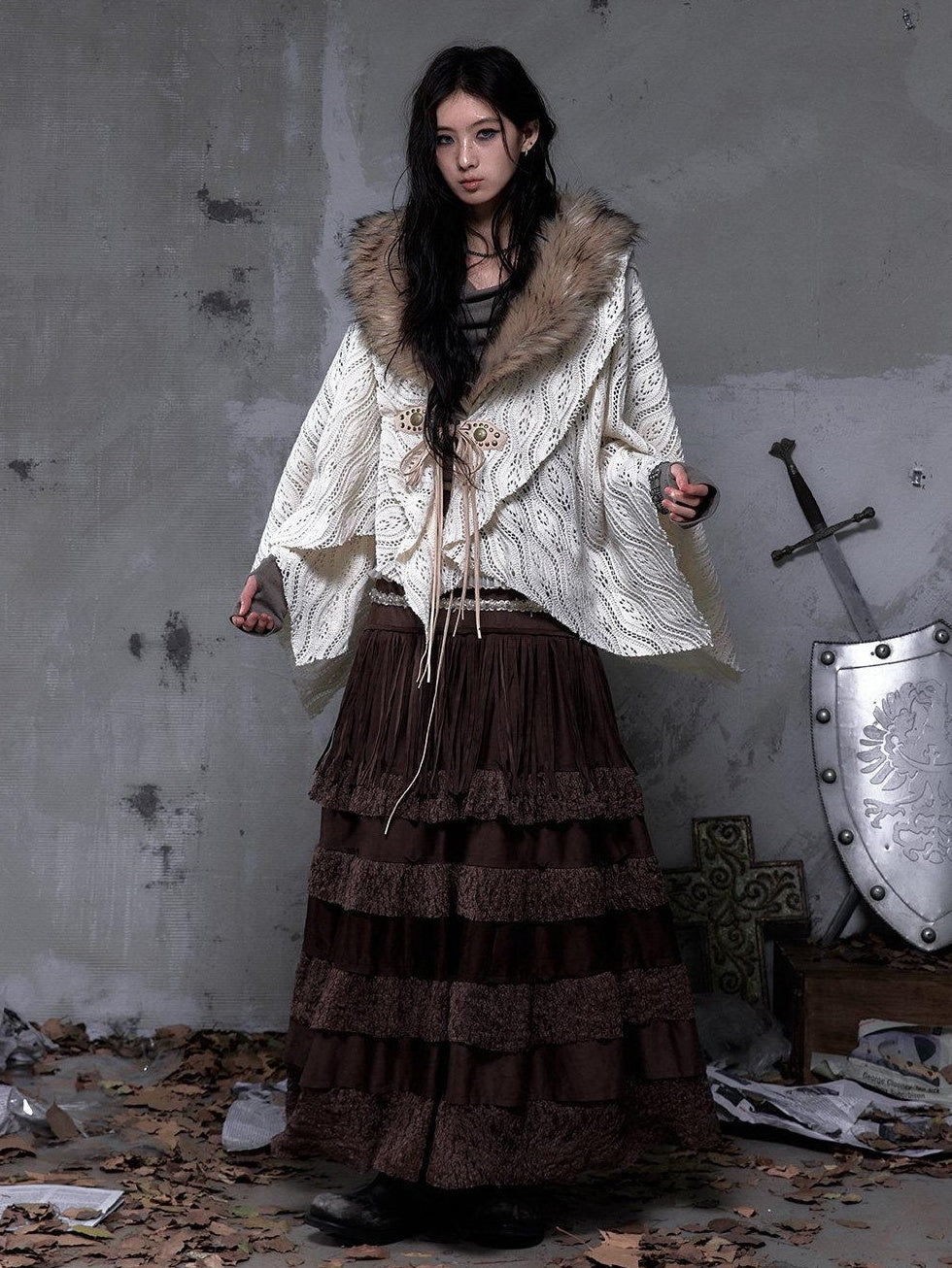 NO ROMANCE High Waist Court Tassel A Line Casual Brown No Stretch Maxi Skirts