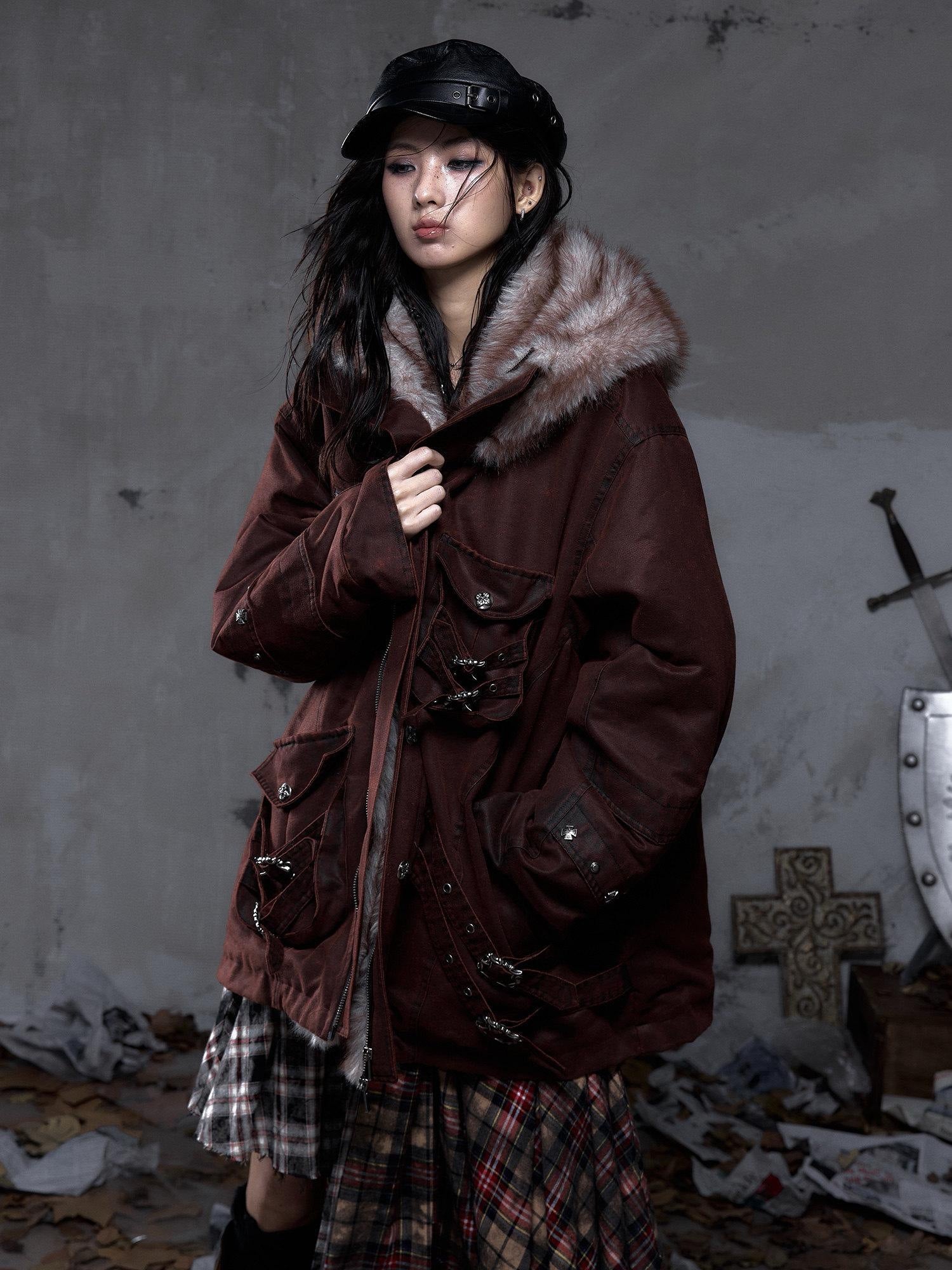 NO ROMANCE Thick Insulated Hooded Punk Oversized Midlength Zip Khaki Green Puffer Jackets