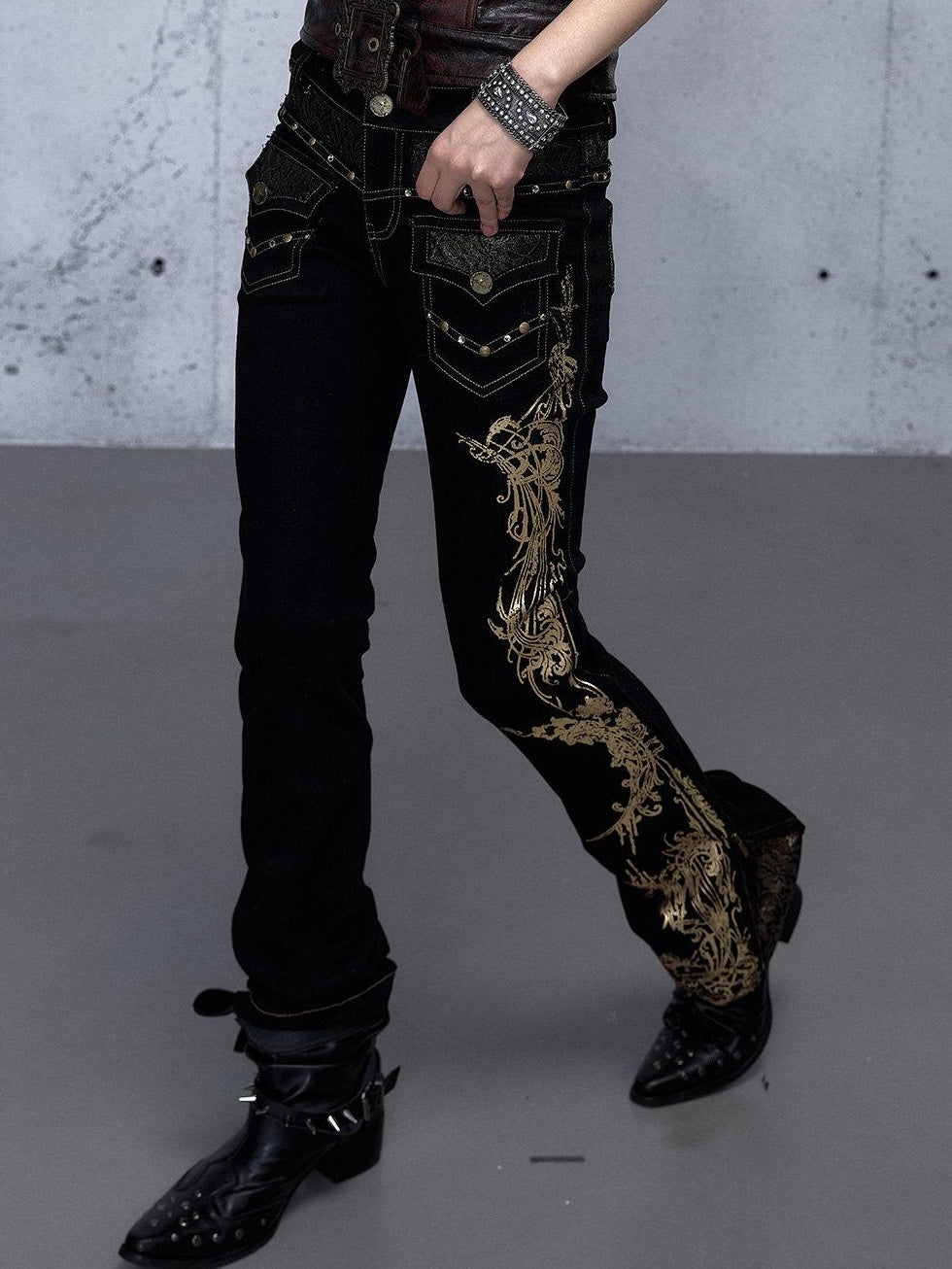 NO ROMANCE Rhinestone Low Rise Slim Fit Modern Patchwork Floral Mid Stretch Flare Jeans