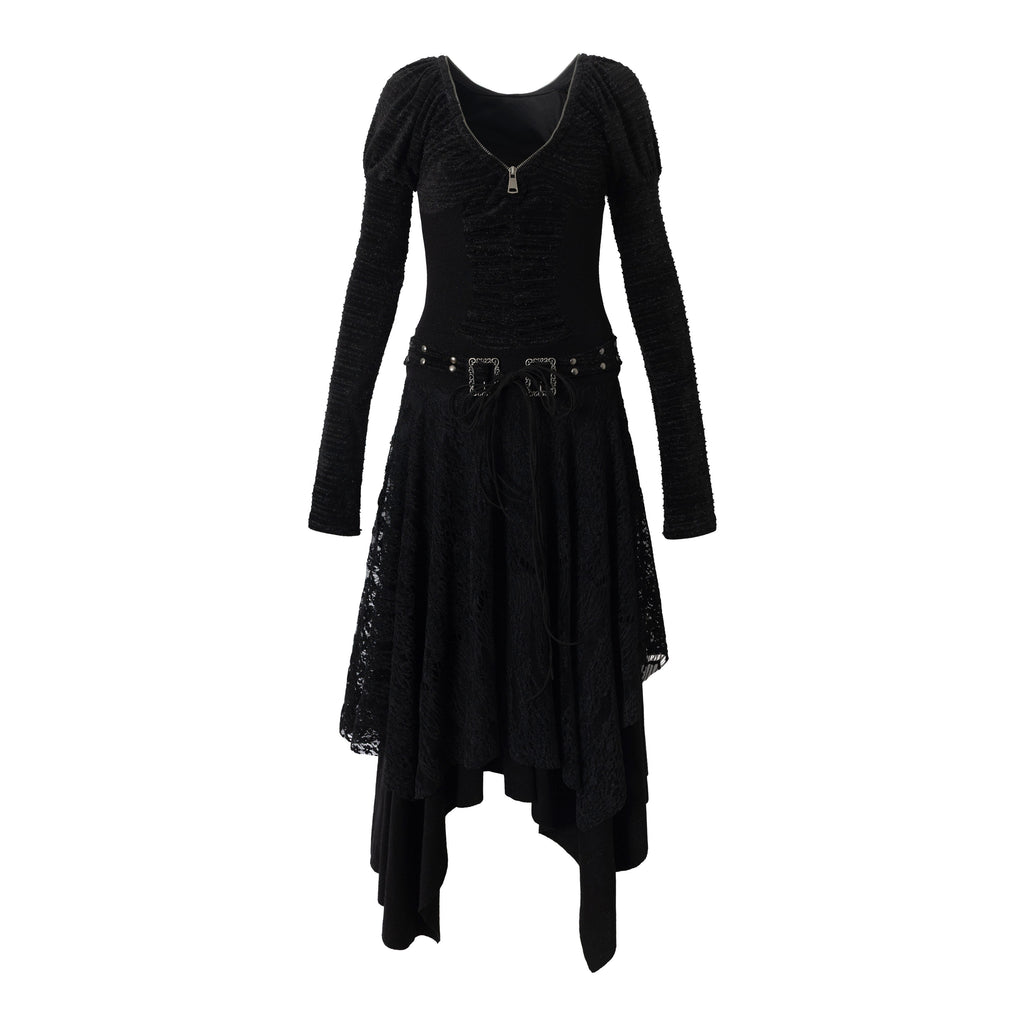 NO_ROMANCE_Regal_V-neck_Knit_Puff_Sleeve_Asymmetric_Hem_Women_City_Walk_Casual_Midi_Dresses_MISSTT